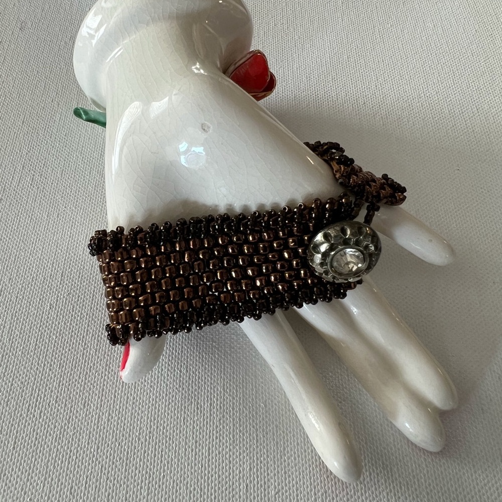 Bronze Hand Beaded Bracelet with Rhinestone Button Clasp